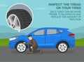 Male driver checking the tires. Inspect the tread on tires, bald tires can be prone to blowouts and reduce the traction.