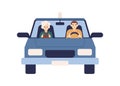 Male driver and female passenger ride at car together vector flat illustration. Woman use taxi service front view Royalty Free Stock Photo