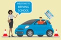 Male with driver license,African american female instructor with speech bubble Royalty Free Stock Photo