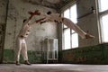 Male duo making acrobatic tricks wearing costume of insane people in abandoned room with sun rays from windows Royalty Free Stock Photo