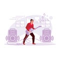 Male electric guitar player practicing with passion in the music studio. Royalty Free Stock Photo