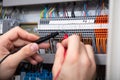 Male Electrician Examining Fuse Box With Multimeter Royalty Free Stock Photo