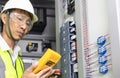 A male electrician works in a switchboard,  Electrical terminal box. Control panel with magnetic contactor and overload relay, Royalty Free Stock Photo