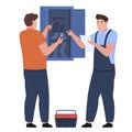 Male electricians checking plan circuit switchboard connection isometric vector illustration