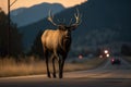 Male Elk runs across a road. Generative Ai.