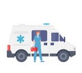 Male emergency doctor, ambulance car, vector cartoon medic character physician in uniform, first aid concept