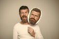 Male emotions. Guy or bearded man on grey background. Royalty Free Stock Photo