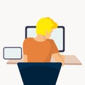 A male employee works at a computer. Flat vector illustration. Laptop and table. Remote work, work from home and online learning Royalty Free Stock Photo