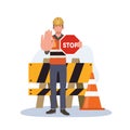 male engineer is holding STOP sign for warning under construction area, No entrance. vector cartoon illustration