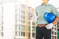The male engineer is inspecting the building structure in the construction site Royalty Free Stock Photo