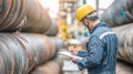 Male engineer or inspector examines a stack of large, rusty metal pipes in outdoor industrial setting, taking notes on clipboard. Royalty Free Stock Photo