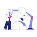 Male Engineer Interacting With A Robotic Head In Flat Vector Illustration Symbolizing AI Development, Research, And
