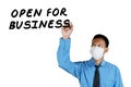 Male entrepreneur writes text of open for business