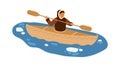 Male Eskimo in traditional warm clothes floating on kayak with paddle vector flat illustration. Ethnic guy on boat at Royalty Free Stock Photo