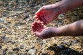 Male european hand refreshing in meditative zen atmosphere in a crystal clear water of a flat little creek with silky ripples