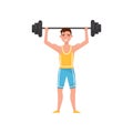 Male exercising with a barbell, professional bodybuilder character, active sport lifestyle concept vector Illustration