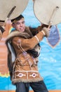 Male expression dancing with tambourine in tradition clothing indigenous inhabitants Kamchatka. Celebration Koryak