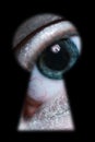 Male eye spying through a keyhole