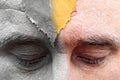 Male eyes are looking down at the forehead sheet. half of the image is colored silver. the arrival of oldness is not avoided