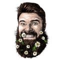 Male face with long hair and beard with a tight smile with teeth on the beard hanging wildflowers chamomile and holding a flower i