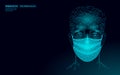 Male face mask. Infection pneumonia prevention healthcare. 3D low poly boy human blue glowing banner. Wear surgical