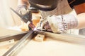 Male in face mask welds with argon-arc welding Royalty Free Stock Photo