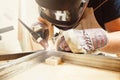 Male in face mask welds with argon-arc welding Royalty Free Stock Photo