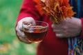 Male in fall forest walking and drink hot tea Royalty Free Stock Photo