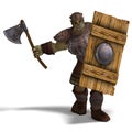 Male Fantasy Orc Barbarian with Giant Axe. 3D