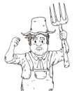 Angry farmer with raised fist and rake in hand drawn style, Vector illustration Royalty Free Stock Photo