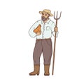 Male farmer in boots and wide-brimmed straw hat, with chicken and a pitchfork in his hands. Worker in the agricultural