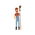 Male farmer with broom, farm worker with gardening tool vector Illustration on a white background