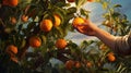 a male farmer carefully plucking vibrant orange or mandarin fruits from the branche, AI generated