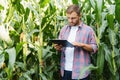 Male farmer checking plants on his farm. Agribusiness concept, agricultural engineer standing in a corn field with a tablet, Royalty Free Stock Photo