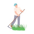 Male Farmer Cutting Grass with Scythe Vector Illustration