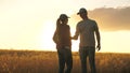 A male farmer extends his hand to a female farmer. Business people shake hands in a wheat field in the sun. Business