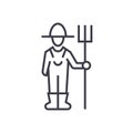 Male farmer with hayfork linear icon, sign, symbol, vector on isolated background