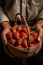 A male farmer holds a strawberry harvest in his hands. Generative AI,