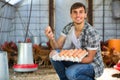 Male farmer picking fresh eggs in coop Royalty Free Stock Photo