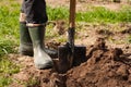 Male Farmer In Rubber Boots With Shovel In Ground In Spring Sunny Garden.
