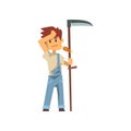 Male farmer scythe for grass, farm worker with gardening equipment vector Illustration on a white background