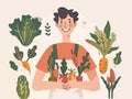 Male farmer selling vegetables at farmers market. Flat illustration for web design. In color Royalty Free Stock Photo