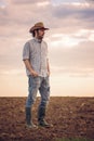 Male Farmer Standing on Fertile Agricultural Farm Land Soil