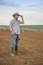 Male Farmer Standing on Fertile Agricultural Farm Land Soil Royalty Free Stock Photo