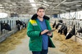 A male farmer in uniform with a tablet and cows in a cowshed on a dairy farm. Royalty Free Stock Photo