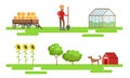 Male Farmer Working at Farm Set, Eco Farm Elements, Greenhouse, Sunflowers, Fruit Trees, Dog Vector Illustration