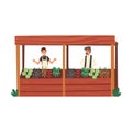 Male Farmers Selling Fresh Organic Vegetables on Wooden Stall at Farm Market Vector Illustration