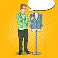 Male Fashion Designer with Jacket on a Mannequin. Textile Industry. Pop Art retro illustration