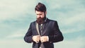 Male fashion formal menswear. Fashion trend. Guy beard and mustache wear formal clothes. Just right. Businessman bearded