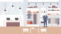 Male fashion store, clothing shop vector illustration, cartoon flat empty showroom interior with trendy fashionable man